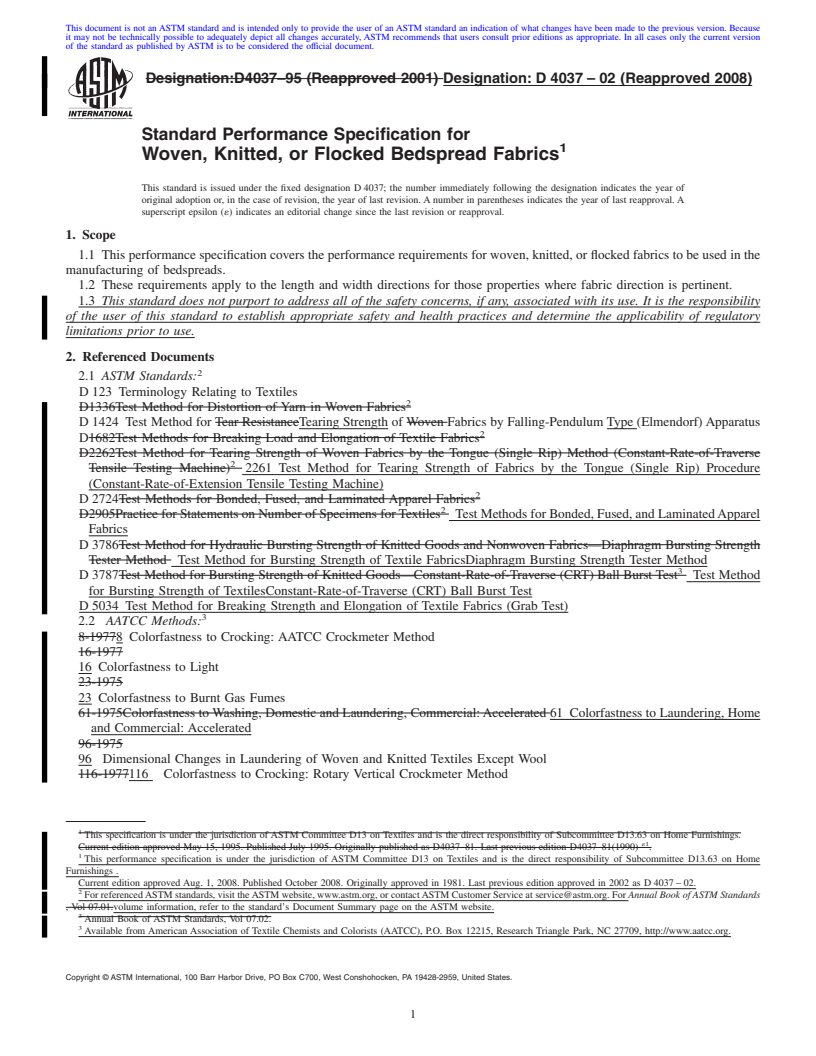 REDLINE ASTM D4037-02(2008) - Standard Performance Specification for  Woven, Knitted, or Flocked Bedspread Fabrics