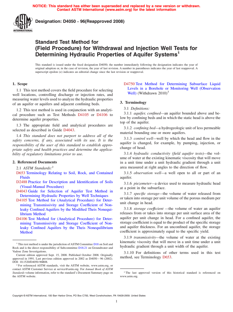 ASTM D4050-96(2008) - Standard Test Method for (Field Procedure) for Withdrawal and Injection Well Tests for Determining Hydraulic Properties of Aquifer Systems