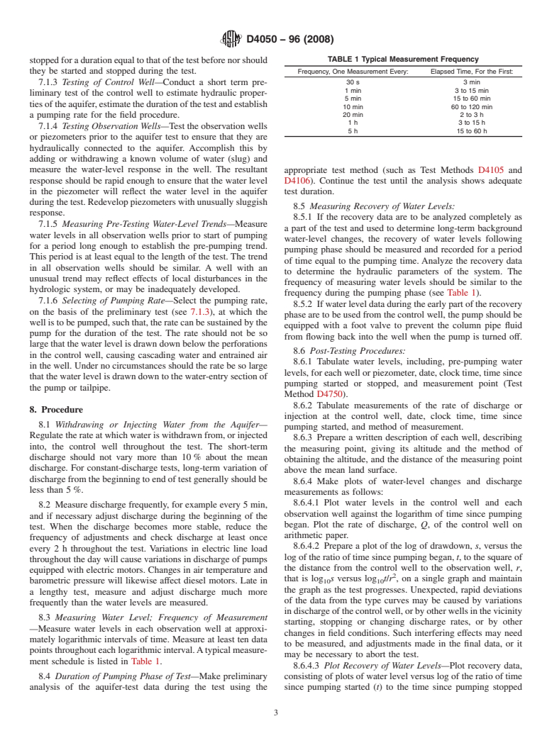 ASTM D4050-96(2008) - Standard Test Method for (Field Procedure) for Withdrawal and Injection Well Tests for Determining Hydraulic Properties of Aquifer Systems