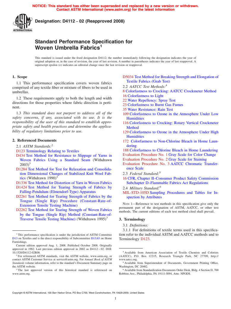 ASTM D4112-02(2008) - Standard Performance Specification for  Woven Umbrella Fabrics (Withdrawn 2017)