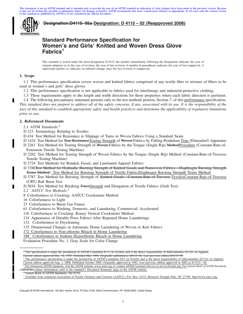 REDLINE ASTM D4115-02(2008) - Standard Performance Specification for  Women's and Girls' Knitted and Woven Dress Glove Fabrics