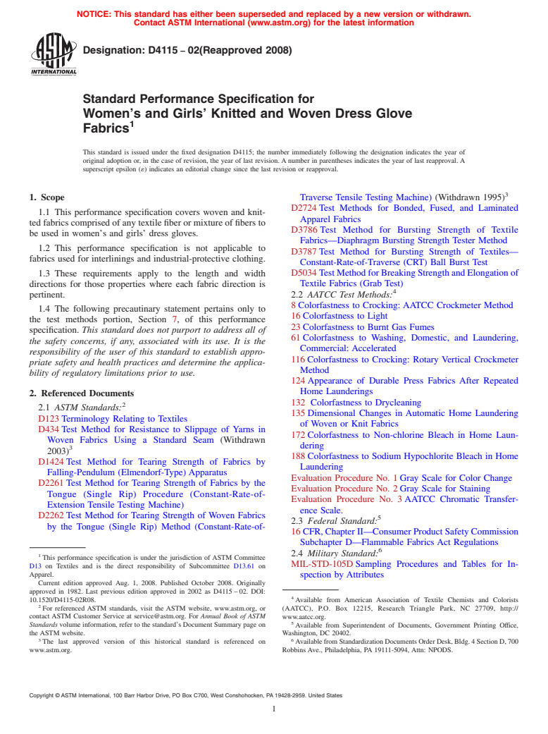 ASTM D4115-02(2008) - Standard Performance Specification for  Women's and Girls' Knitted and Woven Dress Glove Fabrics