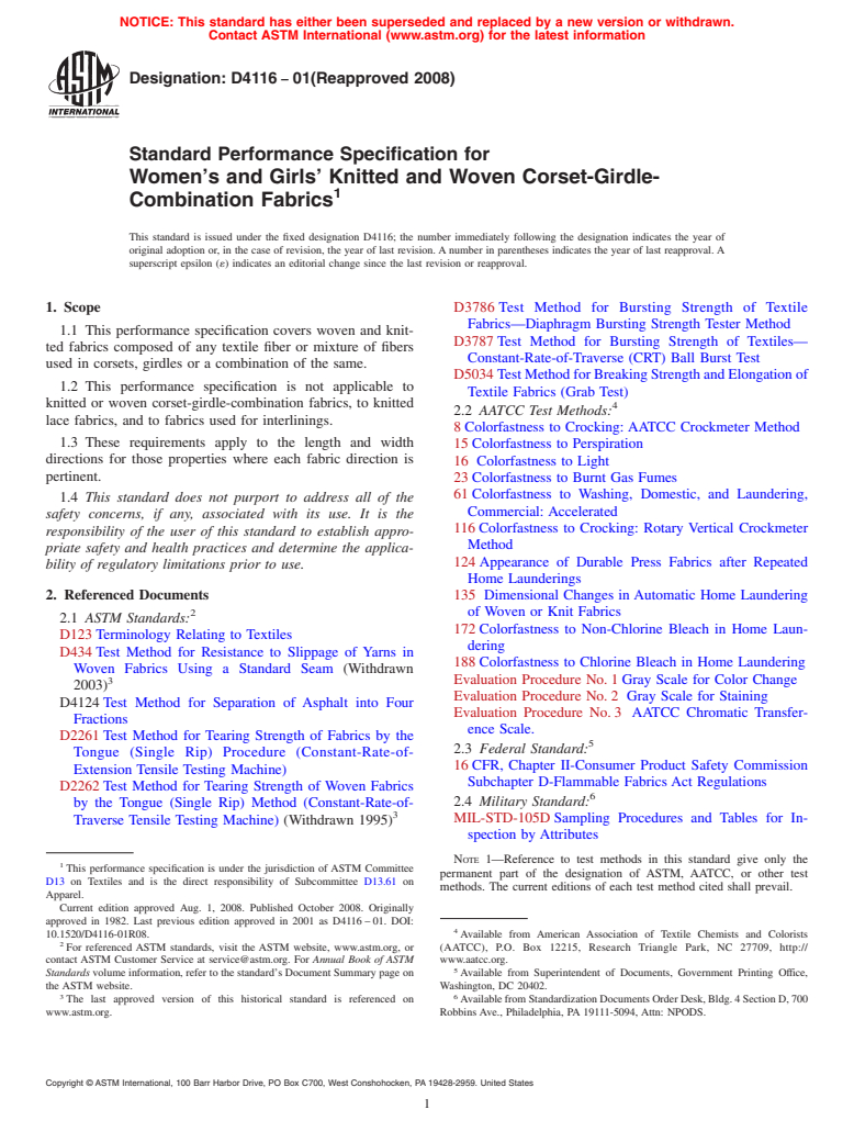 ASTM D4116-01(2008) - Standard Performance Specification for  Women's and Girls' Knitted and Woven Corset-Girdle-Combination Fabrics