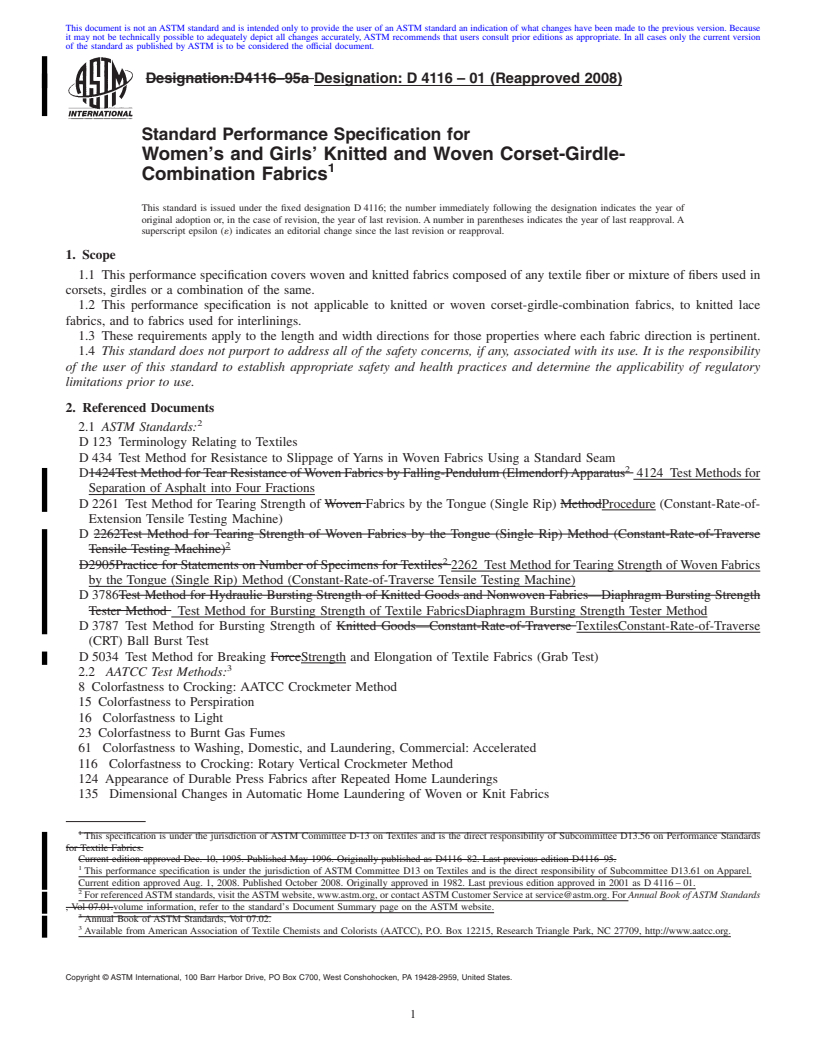 REDLINE ASTM D4116-01(2008) - Standard Performance Specification for  Women's and Girls' Knitted and Woven Corset-Girdle-Combination Fabrics