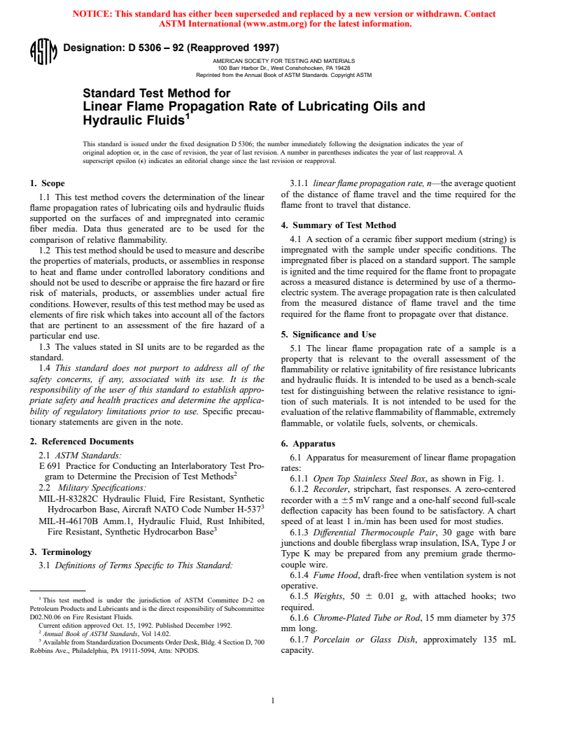 ASTM D5306-92(1997) - Standard Test Method for Linear Flame Propagation Rate of Lubricating Oils and Hydraulic Fluids