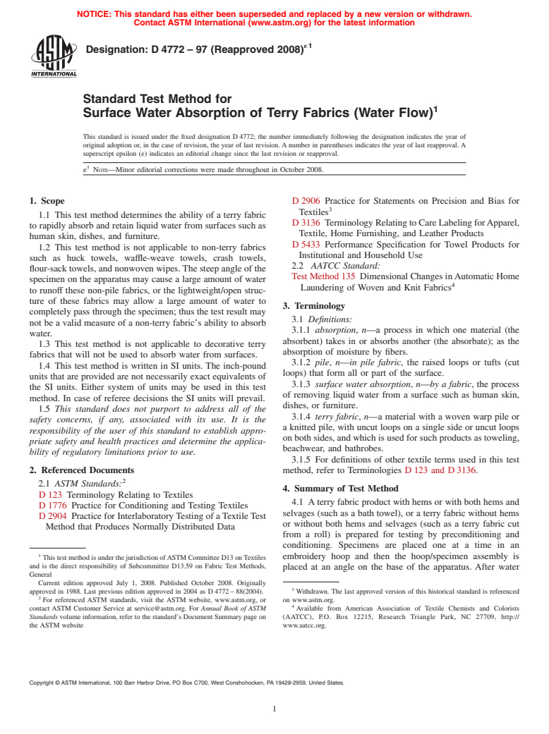 ASTM D4772-97(2008)e1 - Standard Test Method for Surface Water Absorption of Terry Fabrics (Water Flow)