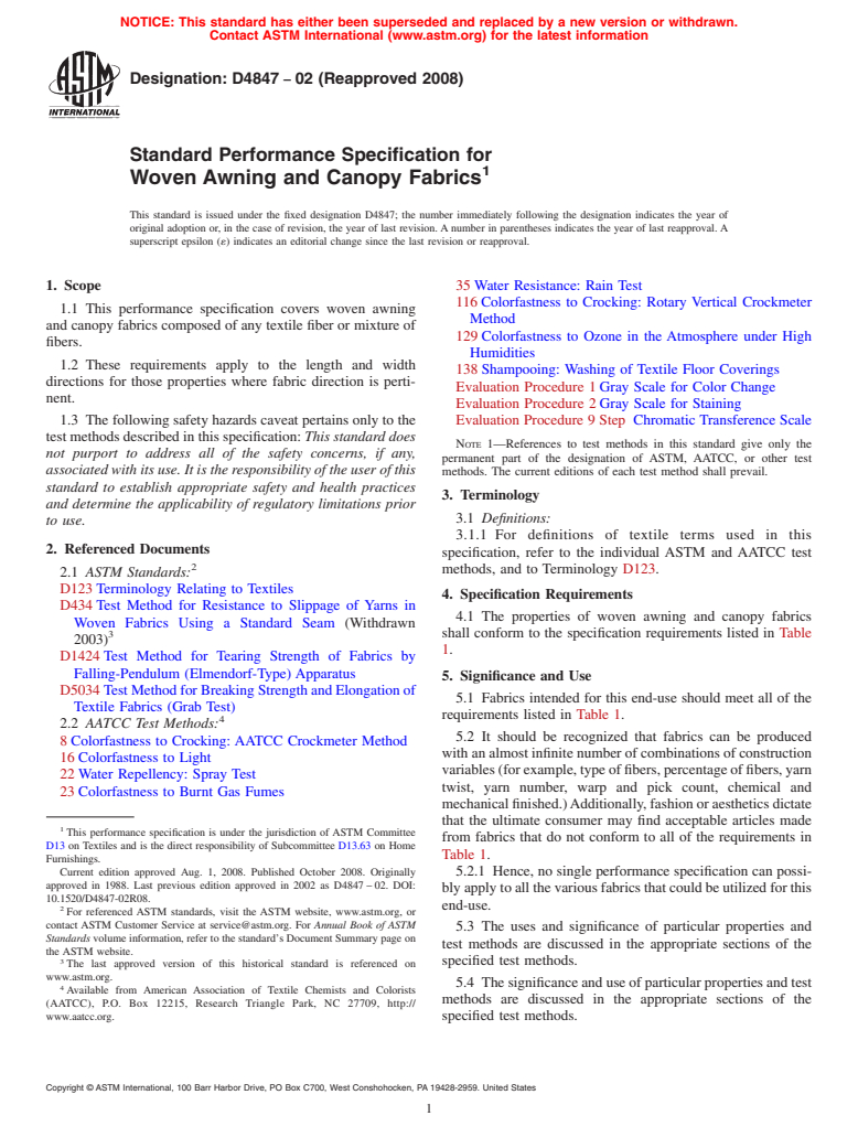 ASTM D4847-02(2008) - Standard Performance Specification for Woven Awning and Canopy Fabrics (Withdrawn 2017)