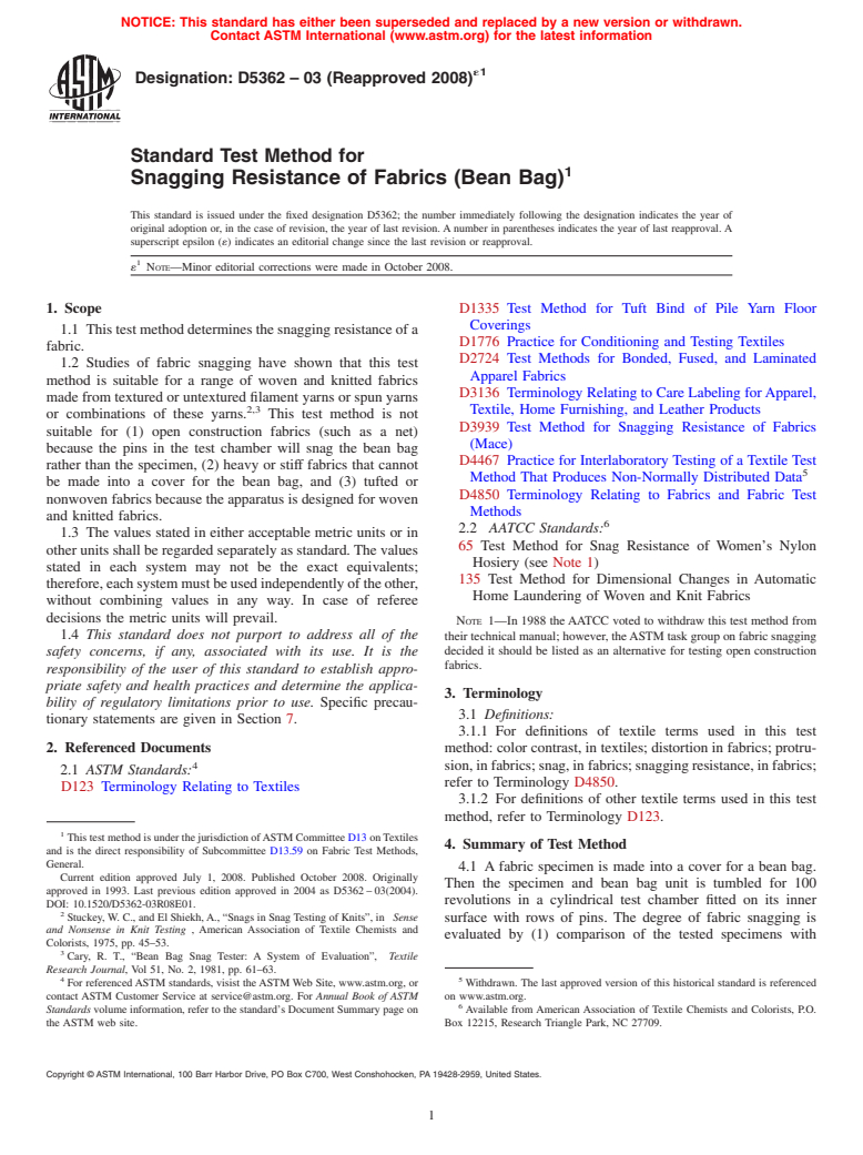 ASTM D5362-03(2008)e1 - Standard Test Method for Snagging Resistance of Fabrics (Bean Bag)