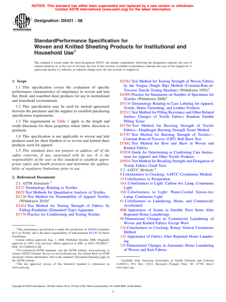 ASTM D5431-08 - Standard Performance Specification for Woven and Knitted Sheeting Products for Institutional and Household Use