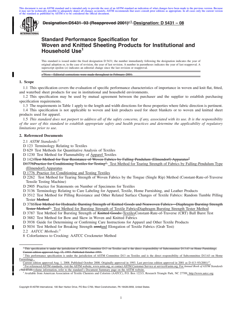 REDLINE ASTM D5431-08 - Standard Performance Specification for Woven and Knitted Sheeting Products for Institutional and Household Use