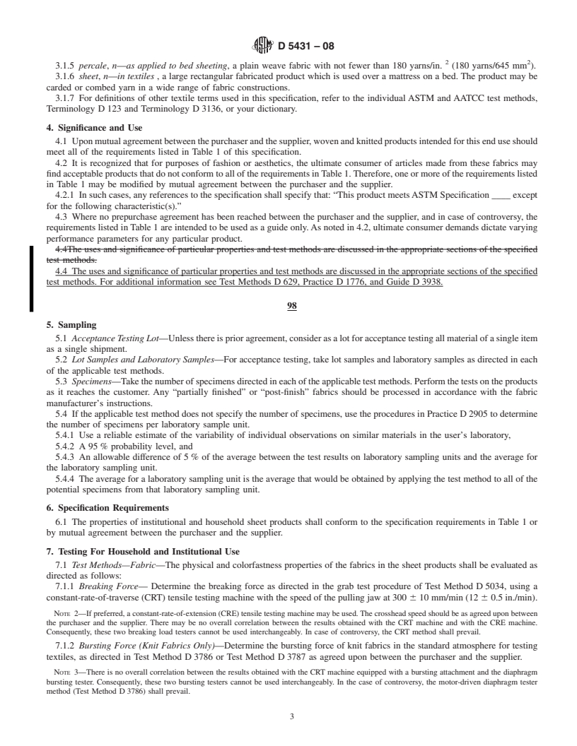 REDLINE ASTM D5431-08 - Standard Performance Specification for Woven and Knitted Sheeting Products for Institutional and Household Use