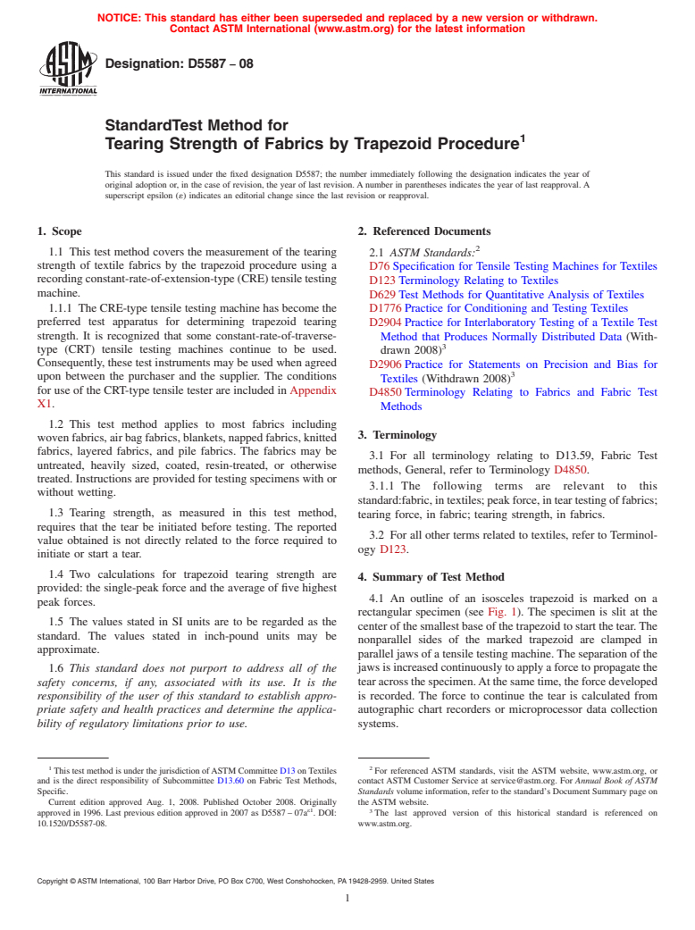 ASTM D5587-08 - Standard Test Method for Tearing Strength of Fabrics by Trapezoid Procedure