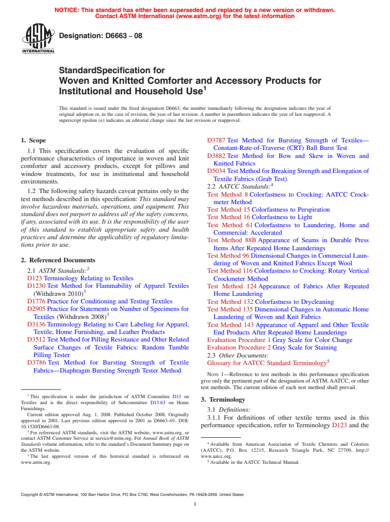 ASTM D6663-08 - Standard Specification for Woven and Knitted Comforter and Accessory Products for Institutional and Household Use