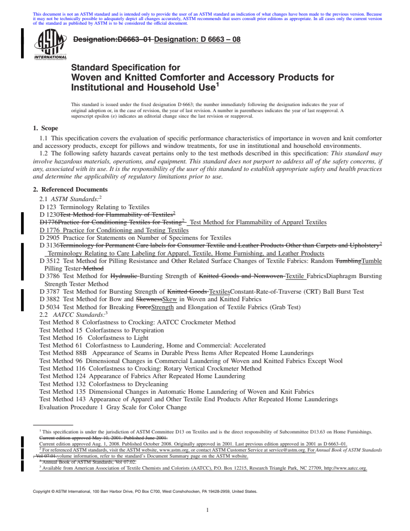 REDLINE ASTM D6663-08 - Standard Specification for Woven and Knitted Comforter and Accessory Products for Institutional and Household Use