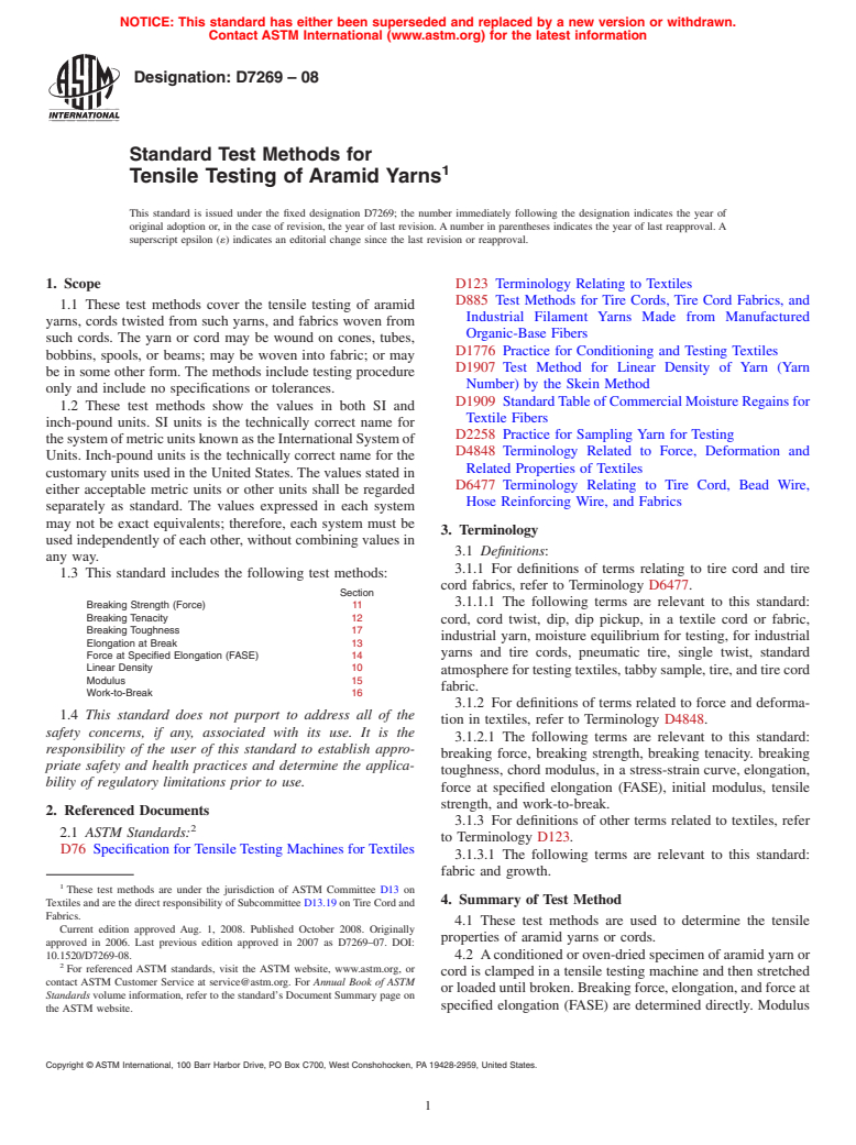 ASTM D7269-08 - Standard Test Methods for Tensile Testing of Aramid Yarns