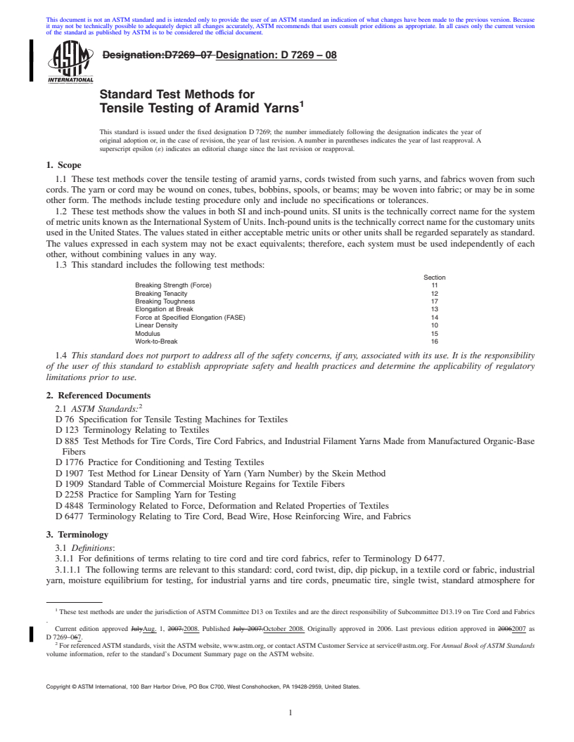 REDLINE ASTM D7269-08 - Standard Test Methods for Tensile Testing of Aramid Yarns