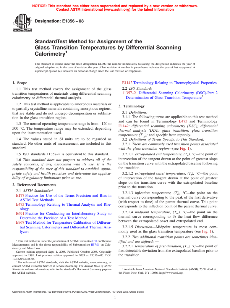 ASTM E1356-08 - Standard Test Method for Assignment of the  Glass Transition Temperatures by Differential Scanning Calorimetry