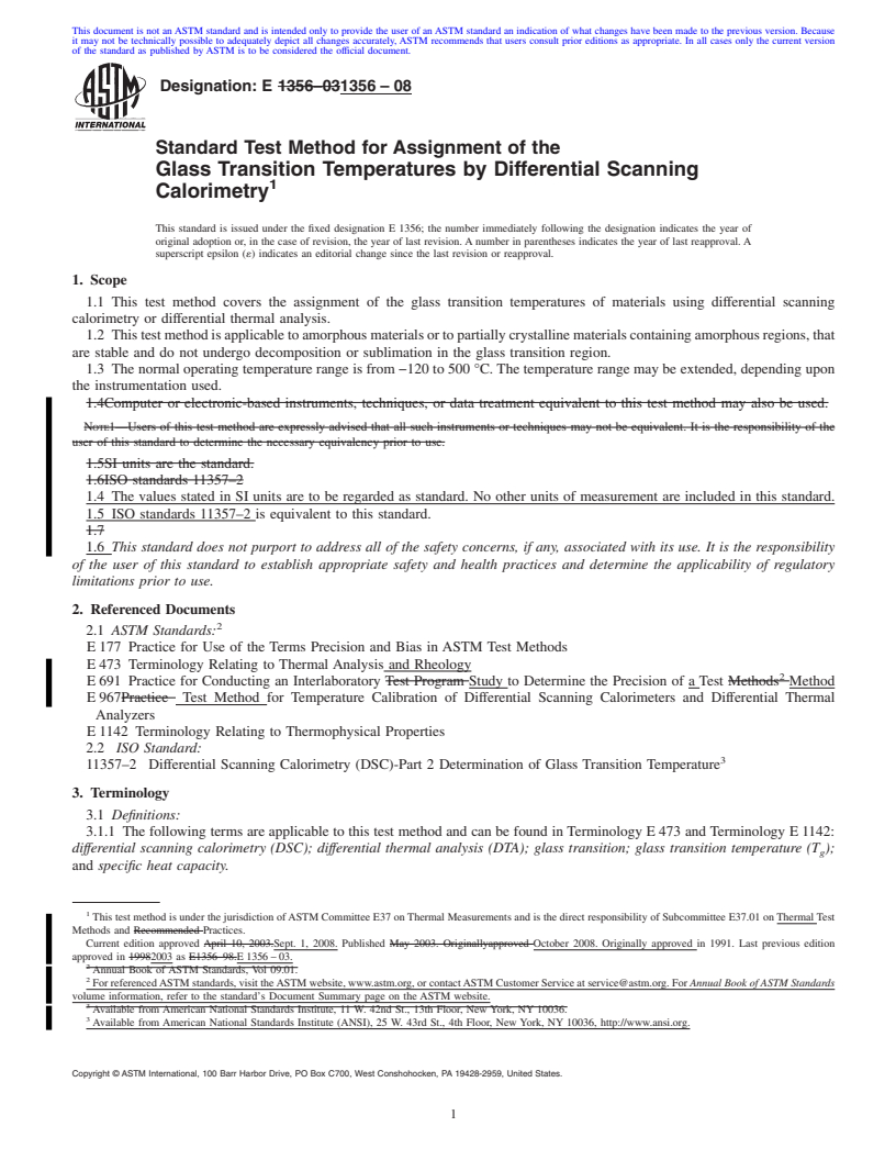 REDLINE ASTM E1356-08 - Standard Test Method for Assignment of the  Glass Transition Temperatures by Differential Scanning Calorimetry