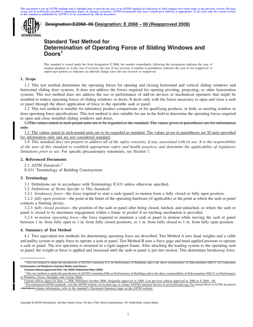 REDLINE ASTM E2068-00(2008) - Standard Test Method for Determination of Operating Force of Sliding Windows and Doors