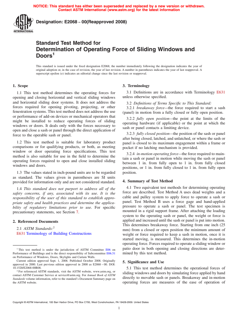 ASTM E2068-00(2008) - Standard Test Method for Determination of Operating Force of Sliding Windows and Doors