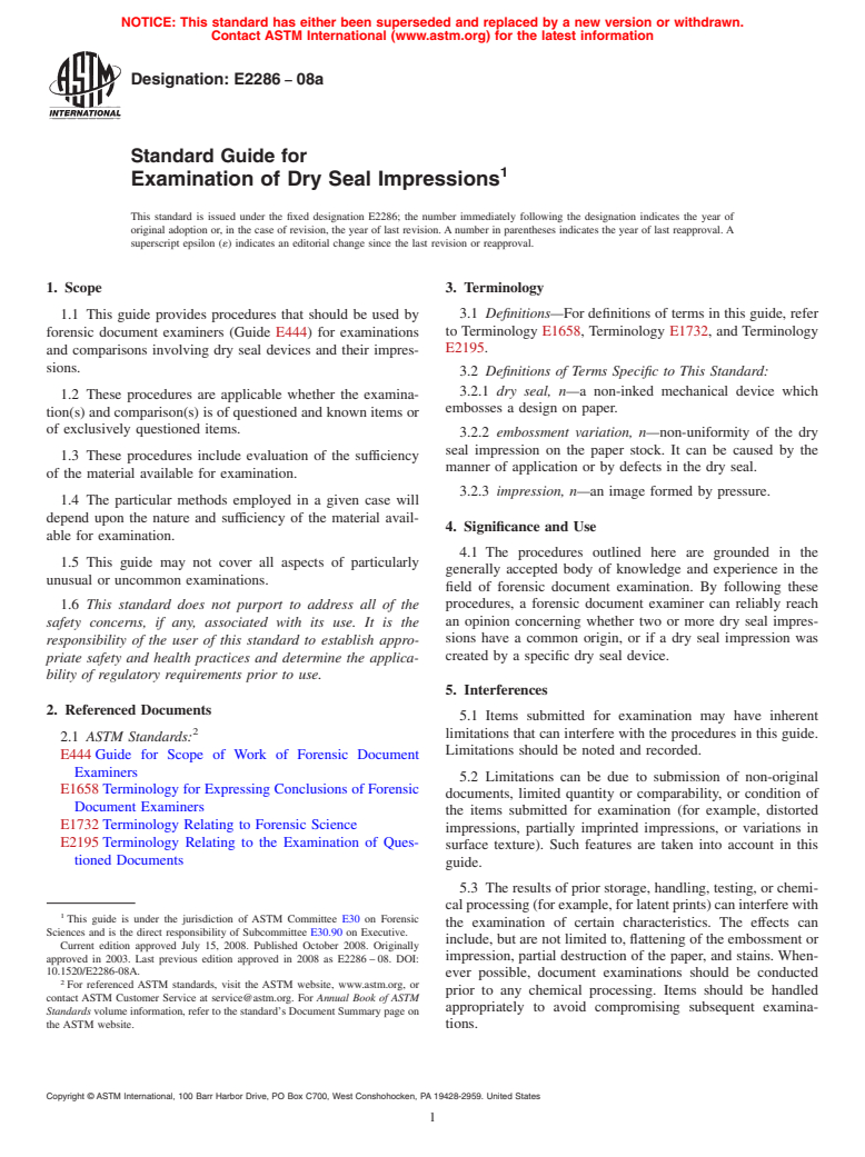 ASTM E2286-08a - Standard Guide for Examination of Dry Seal Impressions (Withdrawn 2017)