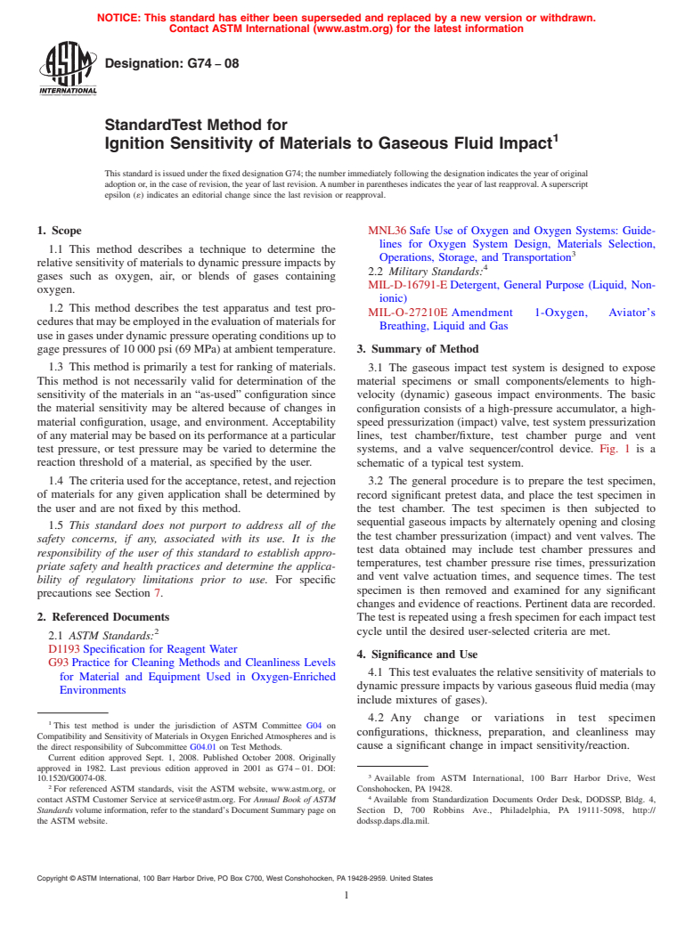 ASTM G74-08 - Standard Test Method for Ignition Sensitivity of Materials to Gaseous Fluid Impact