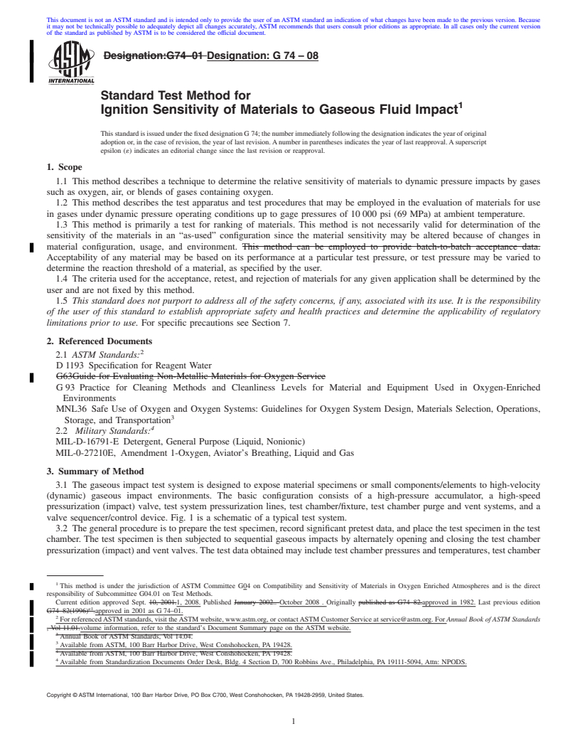 REDLINE ASTM G74-08 - Standard Test Method for Ignition Sensitivity of Materials to Gaseous Fluid Impact