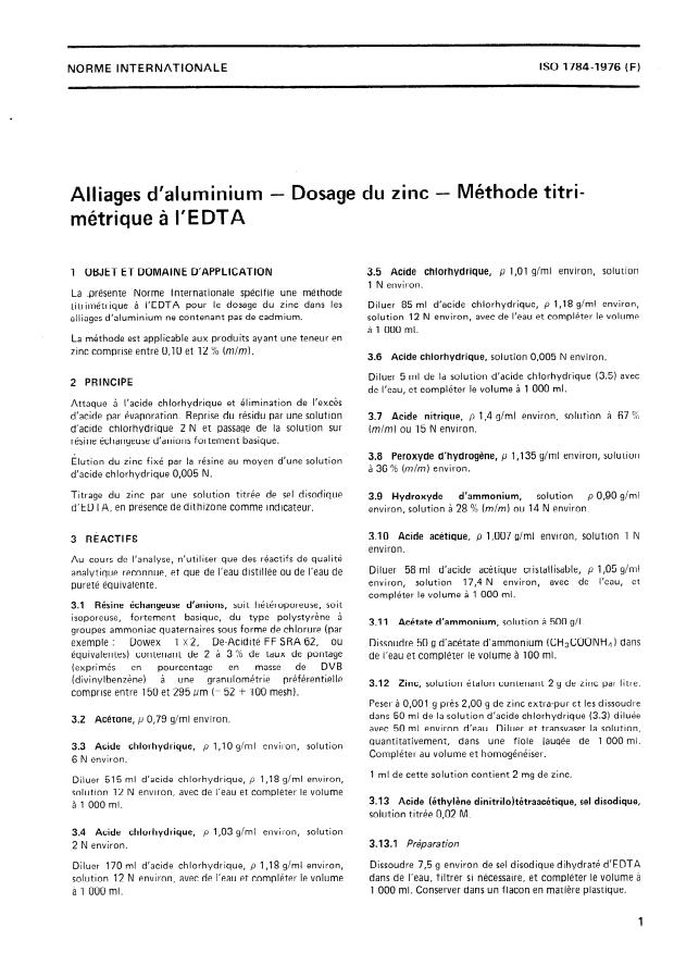ISO 1784:1976 - Alliages d'aluminium -- Dosage du zinc -- Méthode titrimétrique a l'EDTA