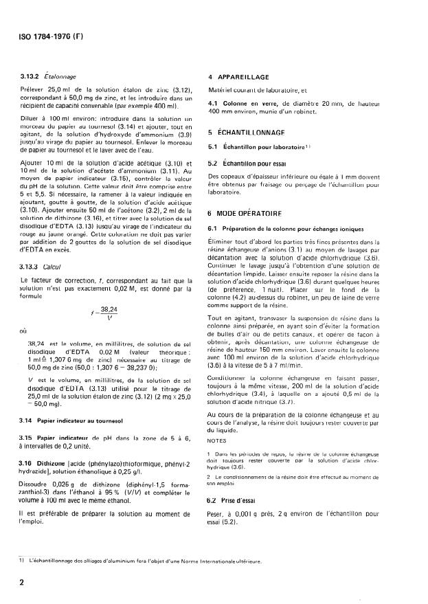 ISO 1784:1976 ISO 1784:1976 - Alliages d'aluminium -- Dosage du zinc -- Méthode titrimétrique a l'EDTA - Page 4 preview