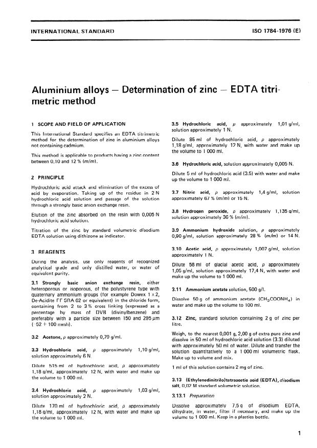 ISO 1784:1976 - Aluminium alloys -- Determination of zinc -- EDTA titrimetric method