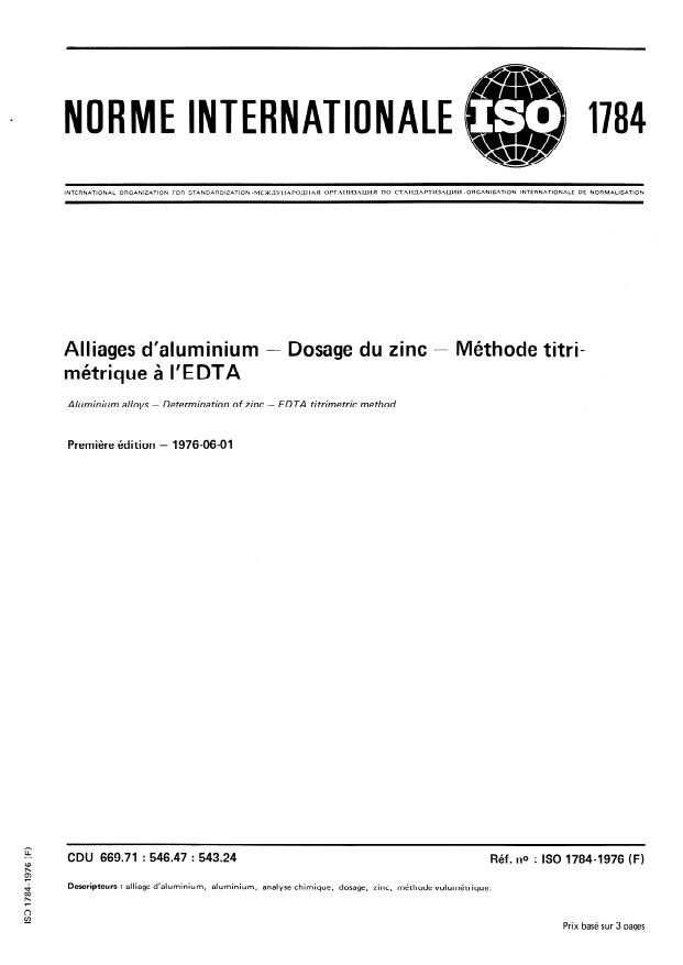 ISO 1784:1976 - Alliages d'aluminium -- Dosage du zinc -- Méthode titrimétrique a l'EDTA