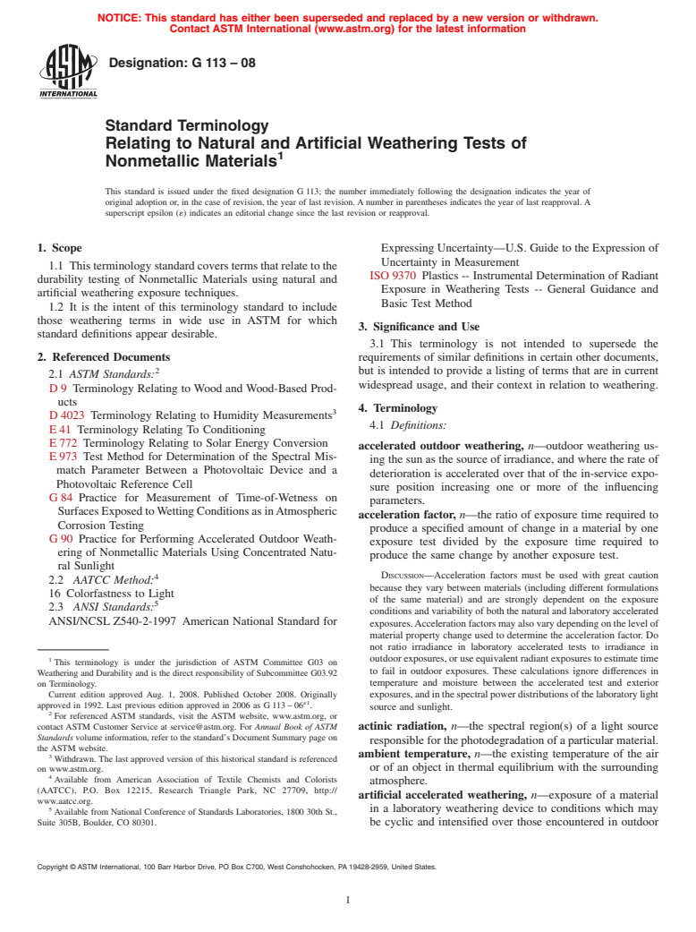 ASTM G113-08 - Standard Terminology Relating to Natural and Artificial Weathering Tests of Nonmetallic Materials