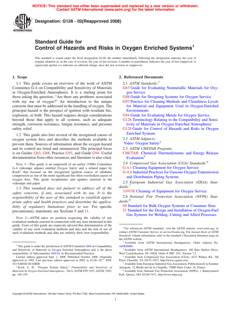 ASTM G128-02(2008) - Standard Guide for Control of Hazards and Risks in Oxygen Enriched Systems