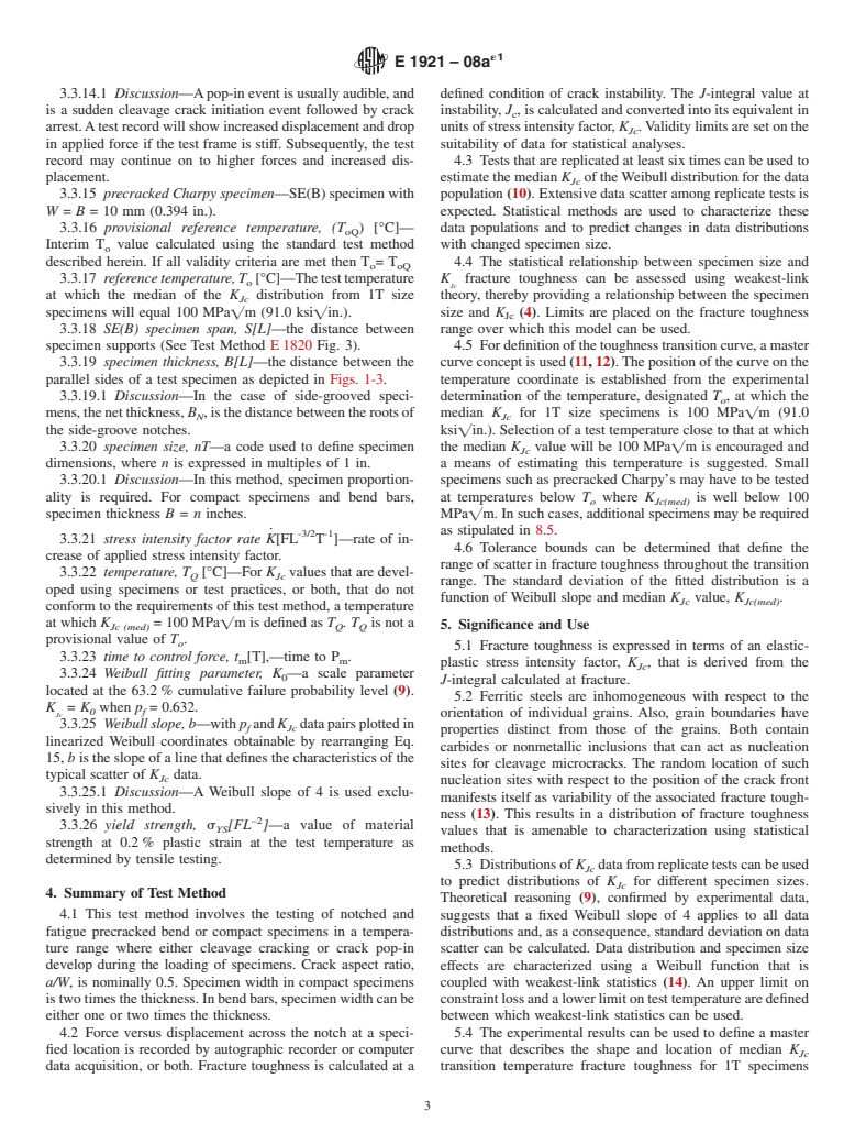 ASTM E1921-08ae1 - Standard Test Method for Determination of Reference Temperature, <span class="bdit">T<sub>o</sub></span>, for Ferritic Steels in the Transition Range