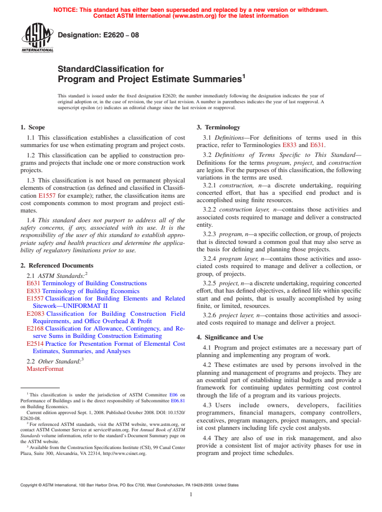 ASTM E2620-08 - Standard Classification for Program and Project Estimate Summaries