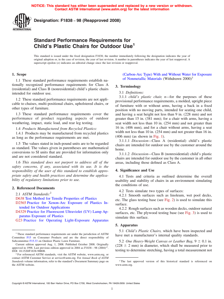 ASTM F1838-98(2008) - Standard Performance Requirements for  Child's Plastic Chairs for Outdoor Use (Withdrawn 2017)