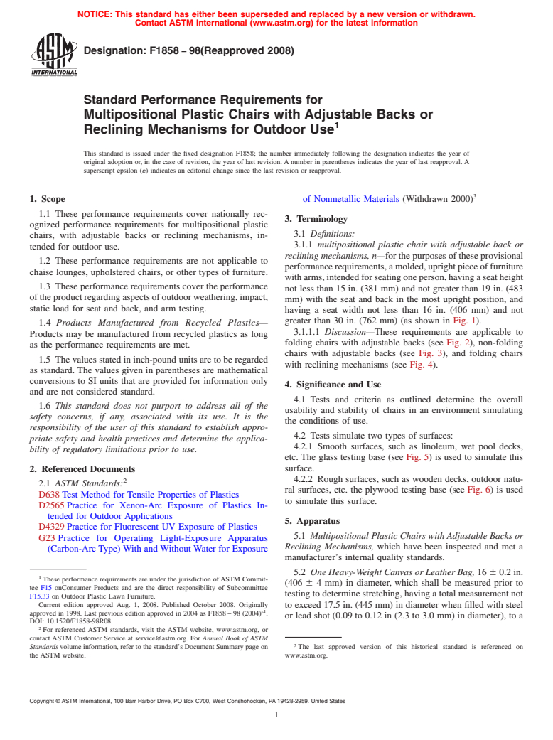 ASTM F1858-98(2008) - Standard Performance Requirements for Multipositional Plastic Chairs with Adjustable Backs or Reclining Mechanisms for Outdoor Use