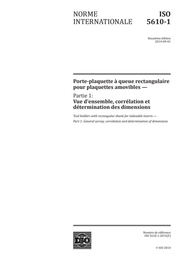 ISO 5610-1:2014 - Porte-plaquette a queue rectangulaire pour plaquettes amovibles