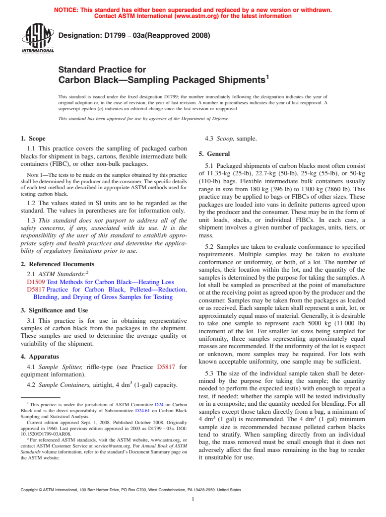 ASTM D1799-03a(2008) - Standard Practice for  Carbon Black<span class='unicode'>&#x2014;</span>Sampling Packaged Shipments