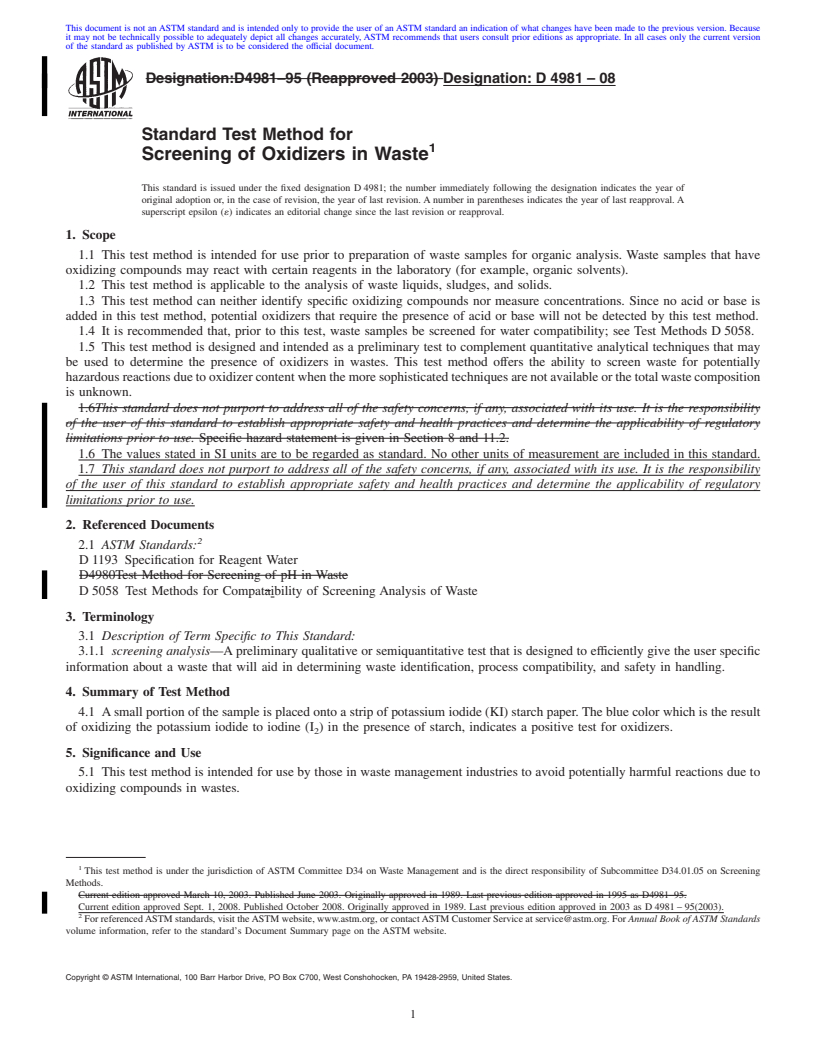 REDLINE ASTM D4981-08 - Standard Test Method for Screening of Oxidizers in Waste