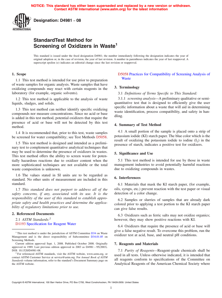 ASTM D4981-08 - Standard Test Method for Screening of Oxidizers in Waste