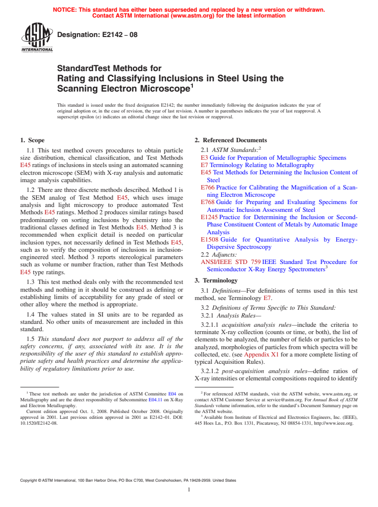 ASTM E2142-08 - Standard Test Methods for  Rating and Classifying Inclusions in Steel Using the Scanning Electron Microscope