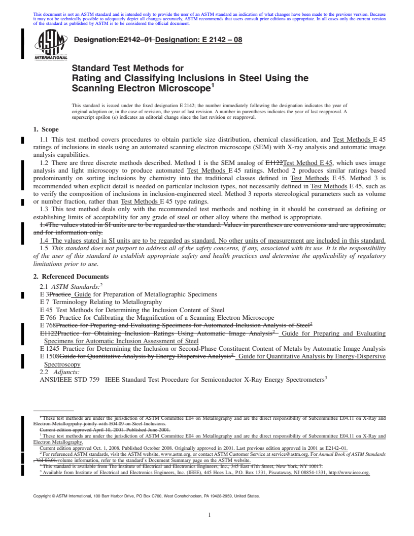 REDLINE ASTM E2142-08 - Standard Test Methods for  Rating and Classifying Inclusions in Steel Using the Scanning Electron Microscope