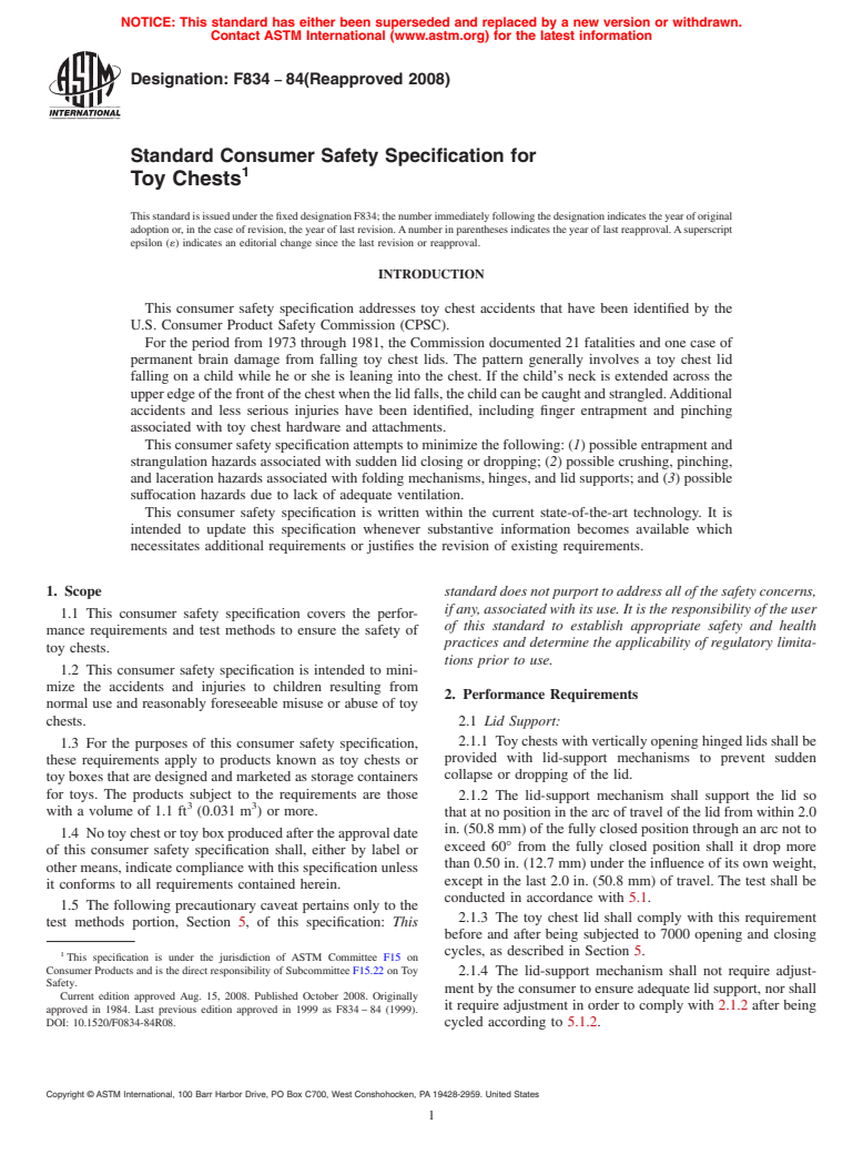 ASTM F834-84(2008) - Standard Consumer Safety Specification for Toy Chests (Withdrawn 2016)