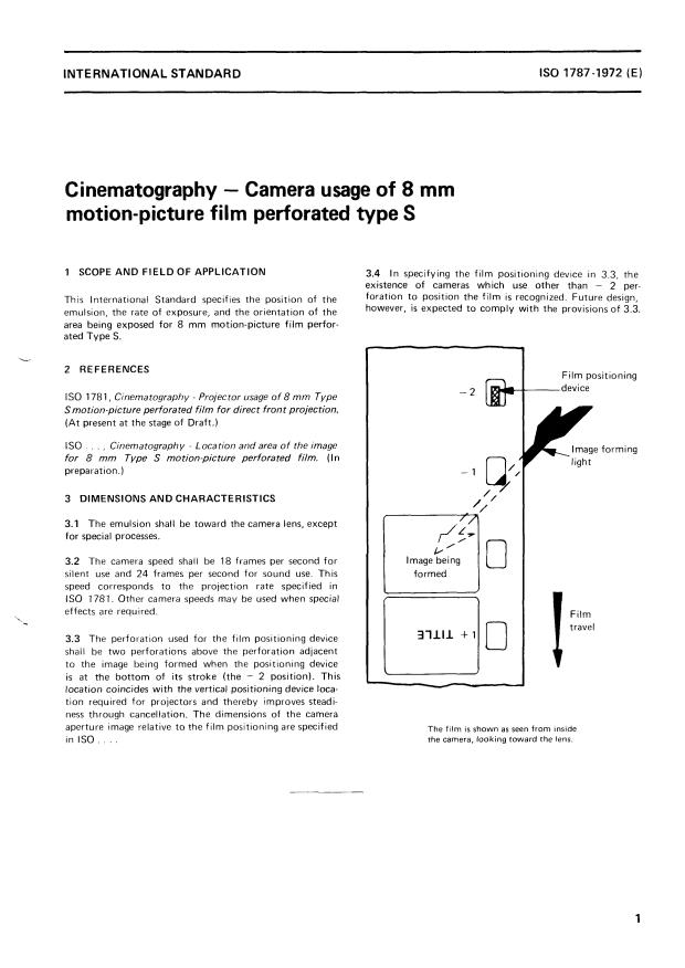 ISO 1787:1972 - Cinematography -- Camera usage of 8 mm motion- picture film perforated Type S