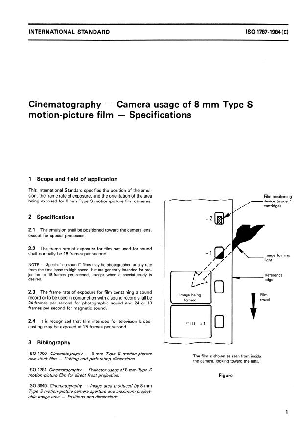 ISO 1787:1984 - Cinematography -- Camera usage of 8 mm Type S motion-picture film -- Specifications