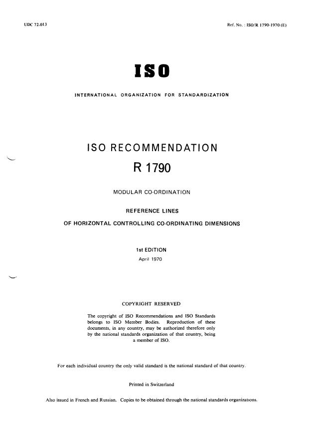 ISO/R 1790:1970 - Modular co-ordination -- Reference lines of horizontal controlling co-ordinating dimensions