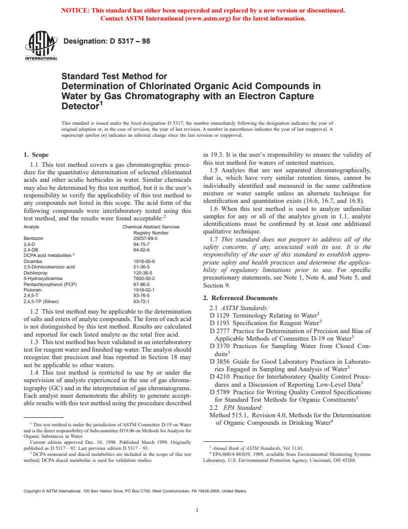 ASTM D5317-98 - Standard Test Method for Determination of Chlorinated Organic Acid Compounds in Water by Gas Chromatography with an Electron Capture Detector