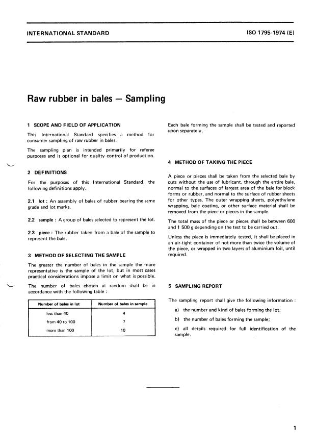 ISO 1795:1974 - Raw rubber in bales -- Sampling