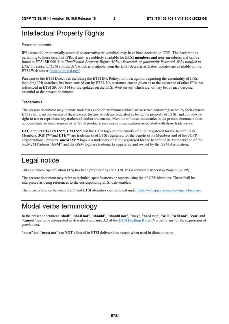 ETSI TS 138 101-1 V16.10.0 (2022-04) - 5G; NR; User Equipment (UE) radio transmission and reception; Part 1: Range 1 Standalone (3GPP TS 38.101-1 version 16.10.0 Release 16)